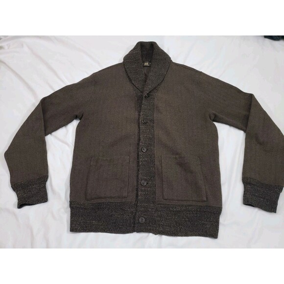 RRL Ralph Lauren Brown 2 Tone Chevron Knit Cardigan Sweater Mens Large - Picture 1 of 13